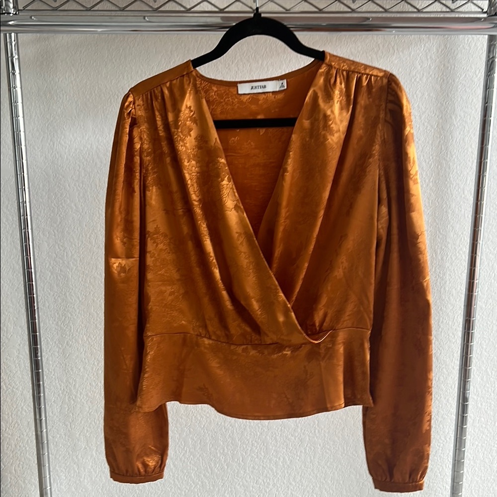 JustFab Gold Wrap Blouse with Fitted Silhouette